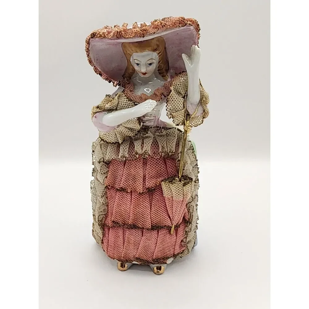 Vintage Porcelain Lace Lady Figurine Pink Dress Hat Parasol Japan 5 inches
